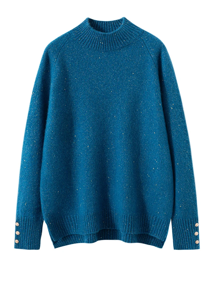 TLOML Women's 100% Cashmere Sweater Mock Neck Golden Bean Pullover Sleeve Buckle Cashmere Knitwear Autumn Winter Soft Comfy Tops