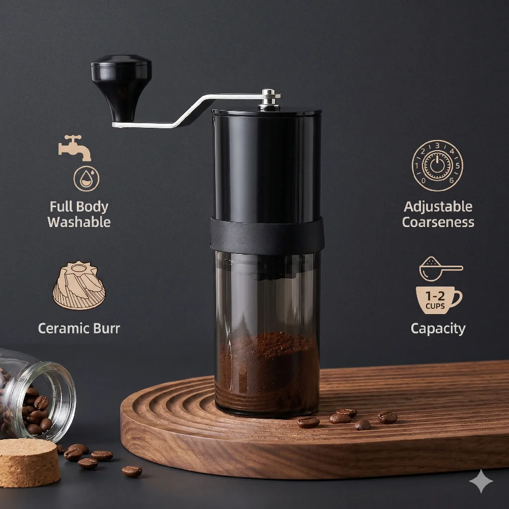 Molinillo de café manual retro, molinillo de cerámica con manivela, molinillo de espresso plegable, portátil, lavable, para moler granos, para viajes y camping