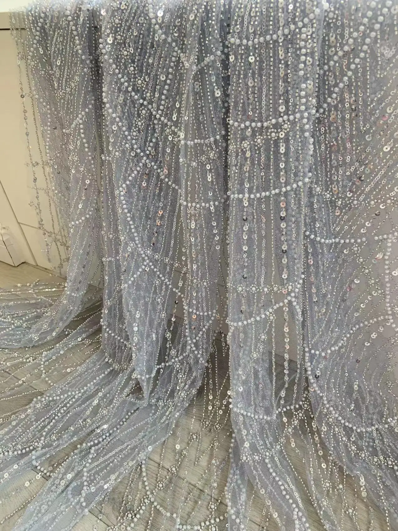 1 Yard Off White Pearl and Sequins Tulle Lace Fabric with Seed Beads for Nigerian Wedding Dress,Gentle Costume,Ball Gown