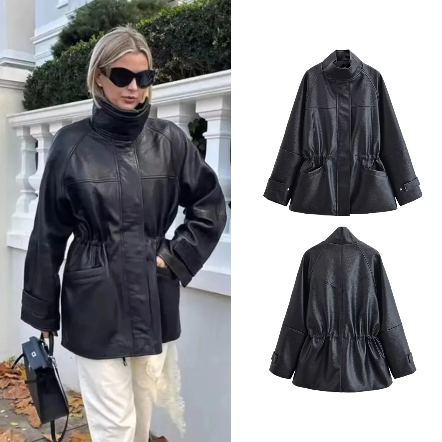 เสื้อแจ็คเก็ตหนัง PU สีดำสำหรับผู้หญิง ปรับขนาดเอวได้ เหมาะสำหรับฤดูใบไม้ผลิและฤดูใบไม้ร่วง เสื้อโค้ทหนังคอสูงมีกระเป๋า สไตล์เก๋ไก๋