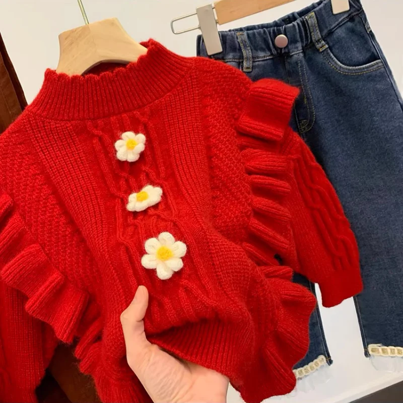 2-9Y Girl\'s Sweater New Autumn/Winter Kids Baby Thickened Red New Year Knitwear Children\'s Sweet Bottom Sweater