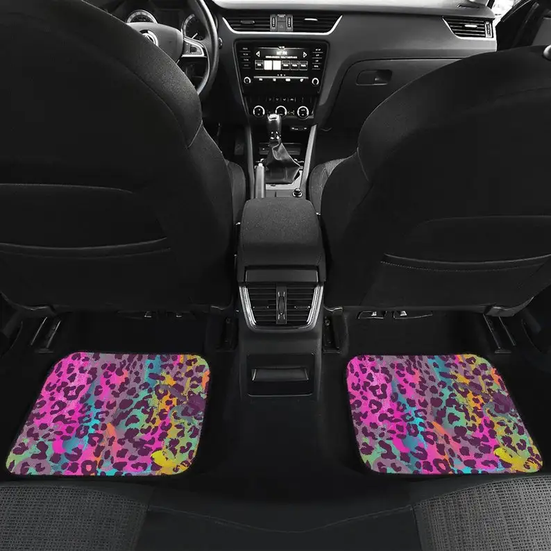 Colorful Pink Purple Leopard Cheetah Animal Print Car Floor Mats Set, Front and Back Floor Mats for Car, Car Accessories