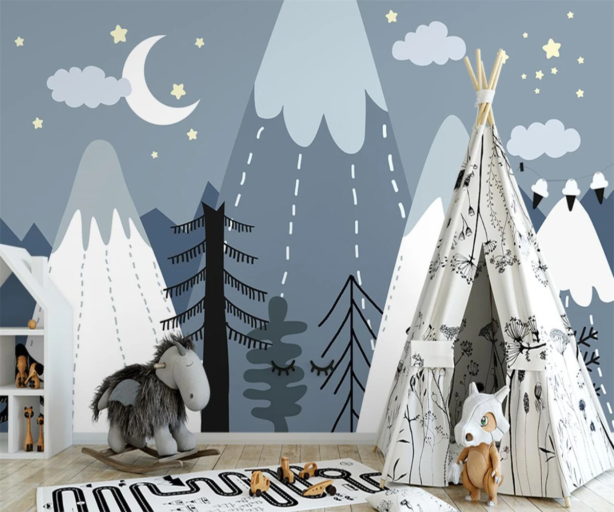 Cartoon fashion murals hand-painted Nordic simple  peaks children's room starry valley children's background wall wallpaper