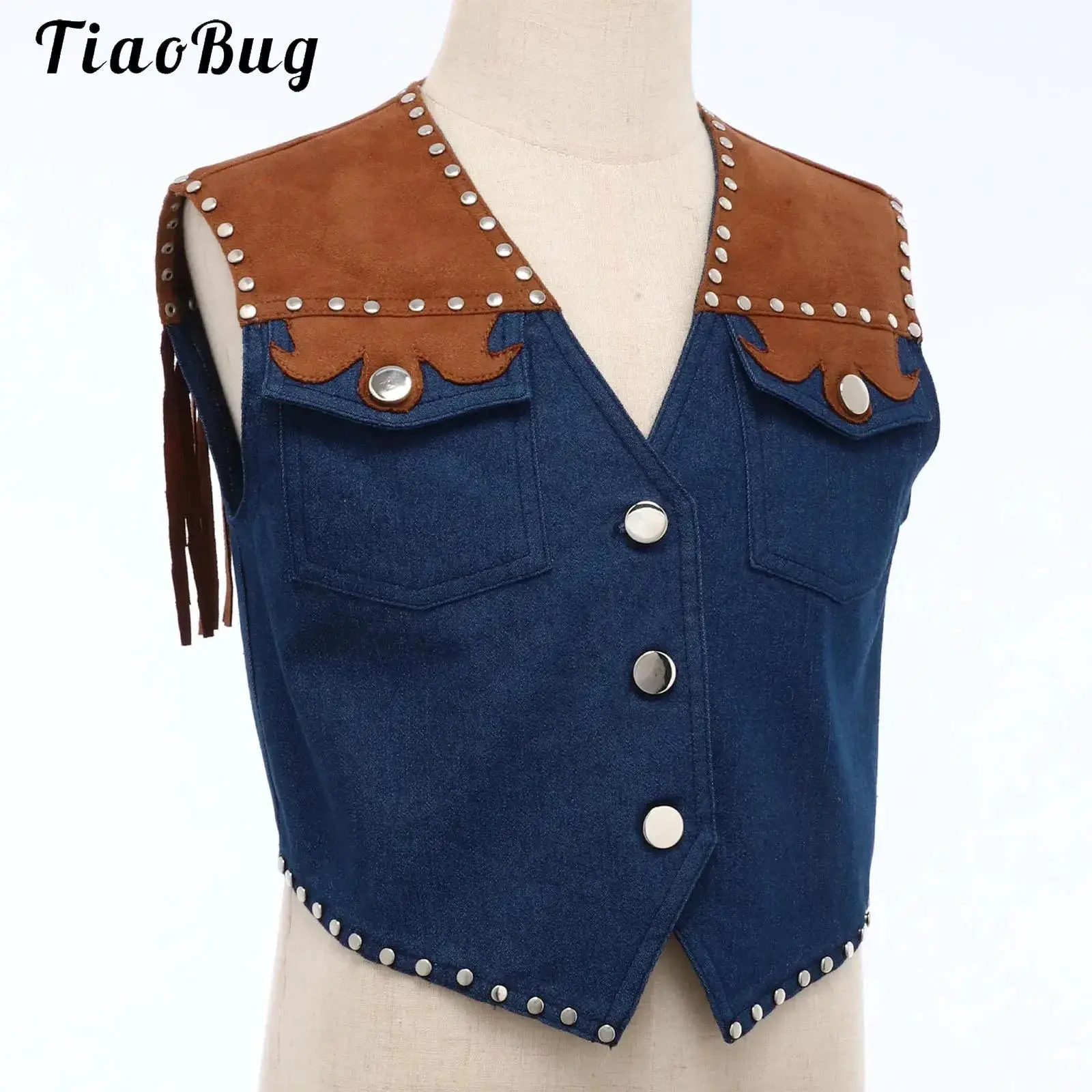 

Kid Boy Western Cowboy Vest Brown Denim Buttons Rivet Fringe Waistcoat Halloween Cospaly Carnival Party Fancy Dress Up Clothes