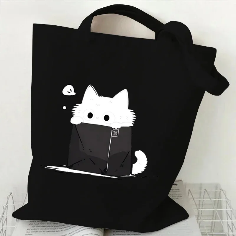 Cat Print Canvas Tote Bag Cute Cartoon Cat Pattern Shoulder Bag for Daily Shopping Pet Lovers Enthusiasts Bolso Grande Mujer