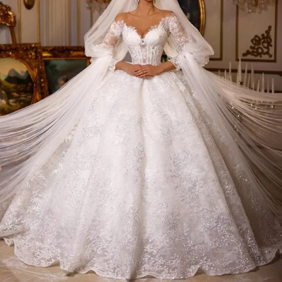 

Exquisite V Neck Ballgown Applique 3/4 Sleeves Wedding Dress Vestidos De Novia Puffy Plus Size Long Sleeves Bridal Gowns