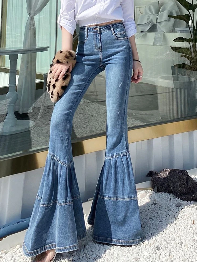 

Light Blue Bell Bottom Jeans Women's Summer New Style Retro High Waist Patchwork Loose Fit Slim Leg Wide Leg Denim Long Pants