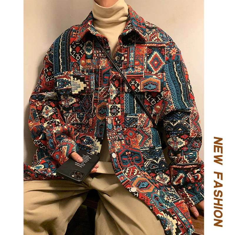 Ethnic Style Baroque Coat Men's American Retro Jacquard Lapel Printed Shirt