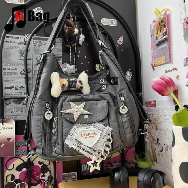 

Y2K Gothic Women Lolita Spicy Girls Punk One Shoulder Handbags Harajuku Female Grade Grey Star Bone Soft Skin Underarm Bag Totes