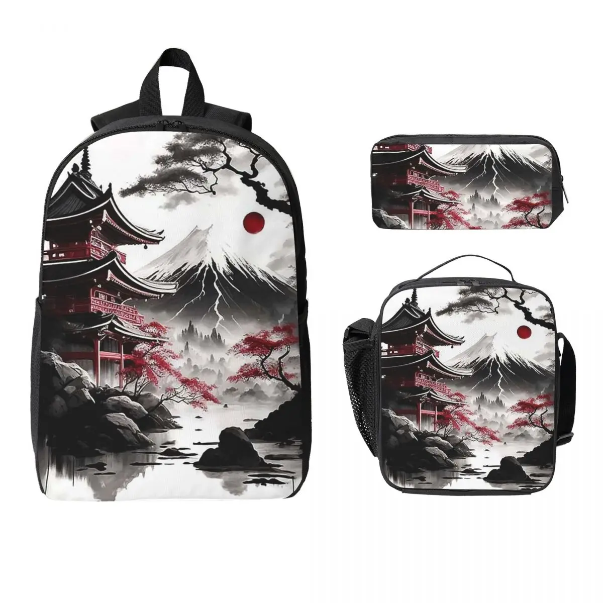 Japanese Ink Painting Mount Fuji Backpack Student BookBag School Bag Computer Shoulder Bags 3ps Insulated Lunch Bag Pencil Case
