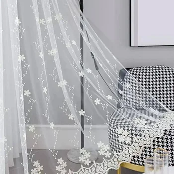북유럽 작은 꽃 자수 거즈 커튼, 거실 완제품, 침실용 창문 커튼, 1PC