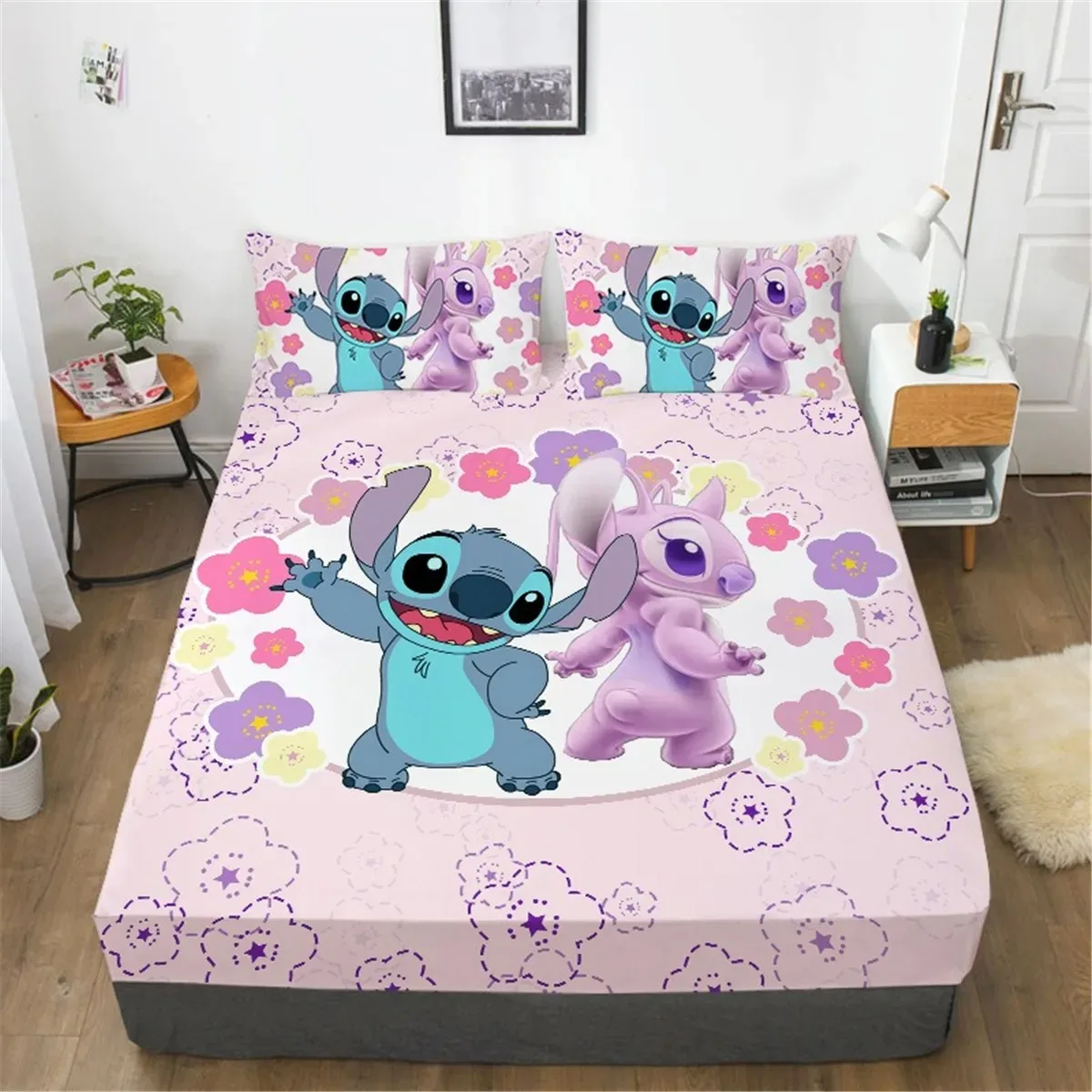 Stitch Bedding Set,Disney Cartoon Fitted Sheet 3pcs Printed With Pillowcase,Suitable For Girls Boys Adults birthday gift