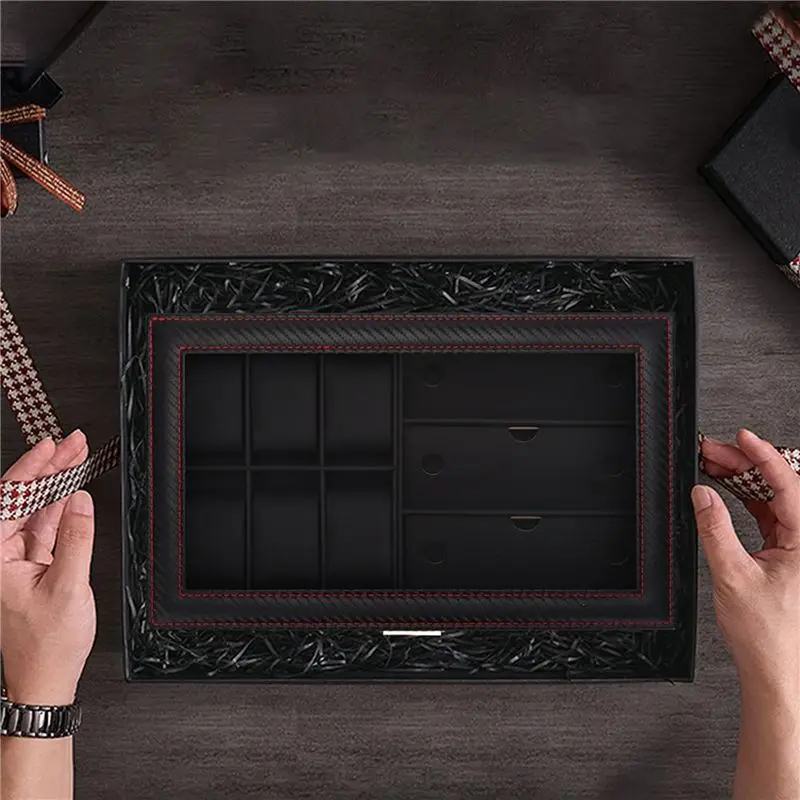 A95D-2X Watch Box, Mens Jewelry Box With 6 Slot Watch Case & 3 Slot Sunglasses Organizer, 2 Layers Lockable Watch Holder