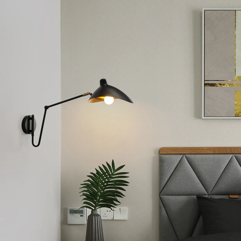 Industrial Long Arm Swing Wall Lamp Metal Material Matte Lampshade Surface Sconce Lights E14 Bedroom Hotel Decor Reading Lustres