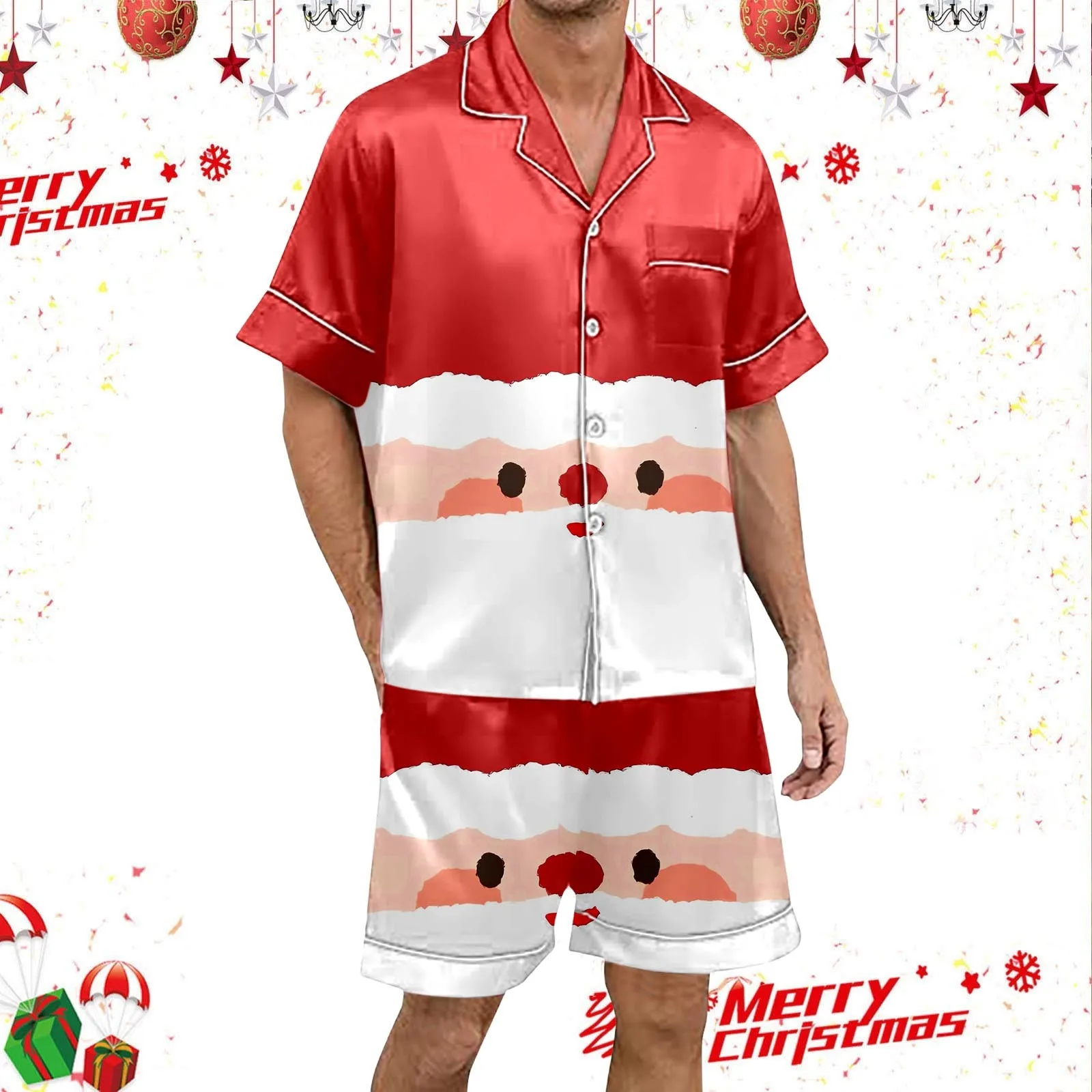 Pajama Set for Men Christmas Print Silk Satin Short Sleeved Button Crop Top Ladies\' Casual And Fashionable Snowman Santa Star