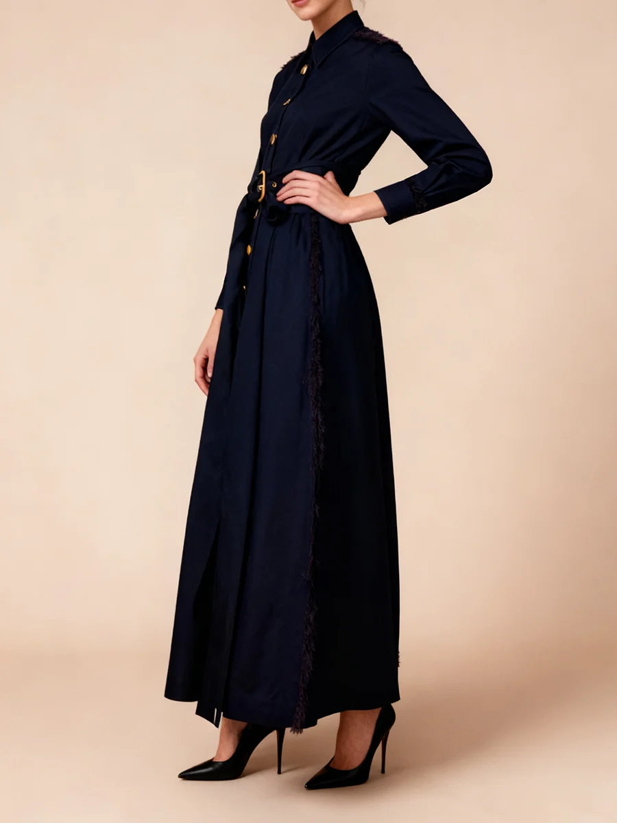 فستان VGH أنيق بحزام مقسم للنساء طية صدر السترة وأكمام طويلة مرقعة بإبزيم معدني على شكل حرف A لحفلات العشاء فساتين متوسطة الطول للسيدات جديد #5