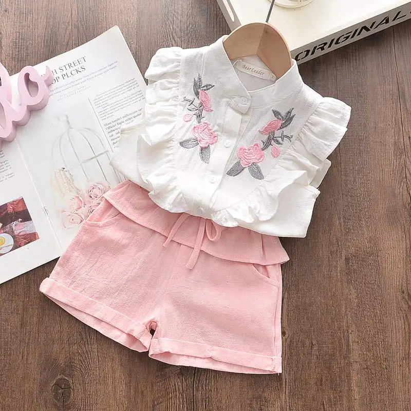 Bear Leader Mädchen-Kleidungsset 2025 Sommer Neu Lässiges Kinder-Set mit Besticktem Ärmellosen Oberteil und Shorts Mädchen-Babykleidung