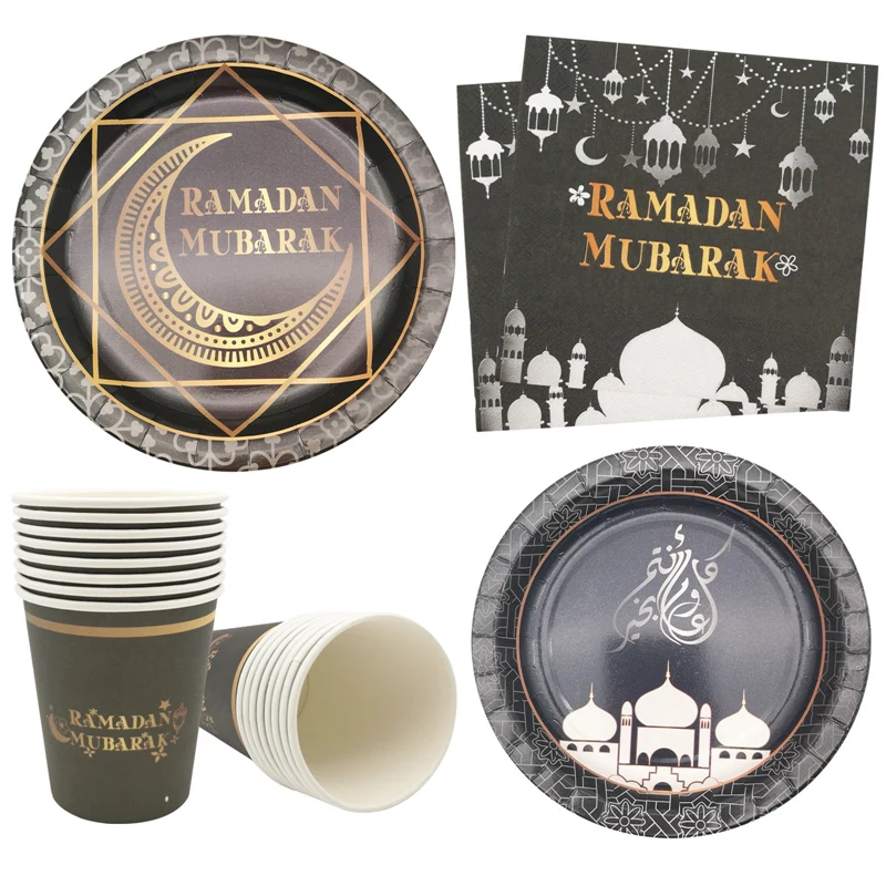 8Pcs Ramadan Eid Mubarak Pappbecher Platte Geschirr Ramadan Mubarak kareem Hijab Muslim Islamischen Festival Süßigkeiten Party Dekoration