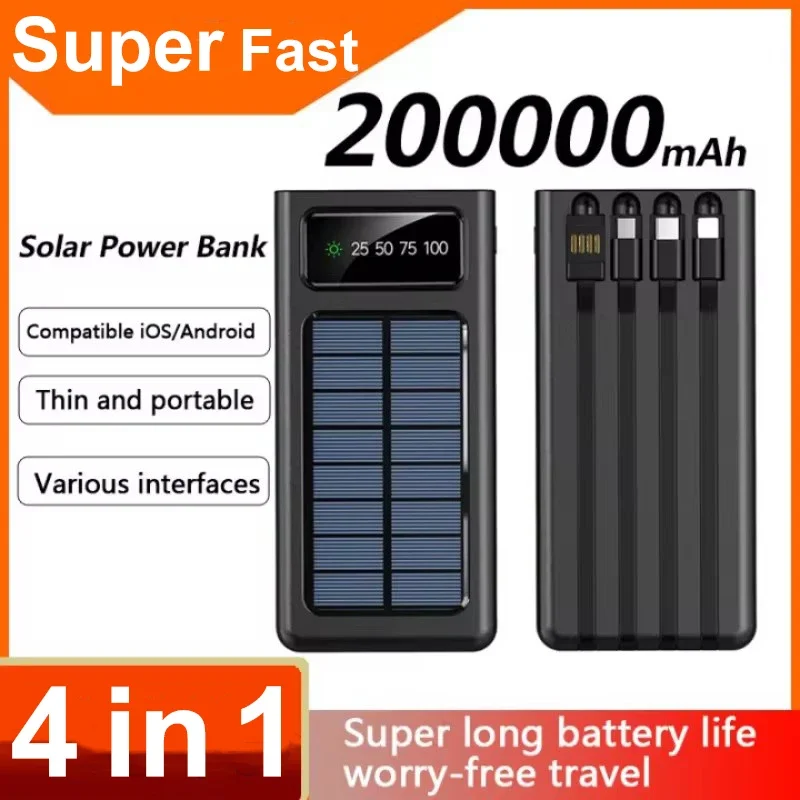 Banque d'alimentation solaire ultra capacité, charge super rapide, USB VopeC, lumière LED, banque d'alimentation extérieure pour Xiaomi, iPhone, 4 en 1, 200000mAh