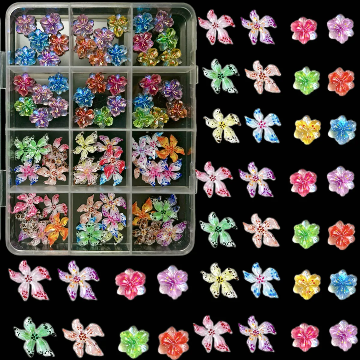 1 กล่อง ดอกไม้เรซิ่นสามกลีบหลากสี ประกายวิบวับ สำหรับตกแต่งเล็บ ขายดี ลายดอกไม้ประดับเล็บ DIY