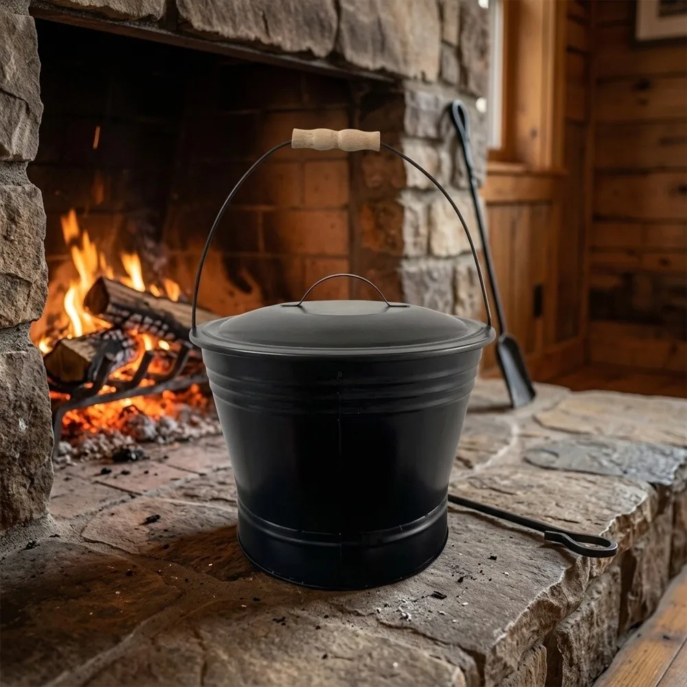 Stylish Black Ash Bucket Mess Free Fireplace Ash Storage Container For Indoor Fire Outdoor Patio Fireplace Hardware Accessories