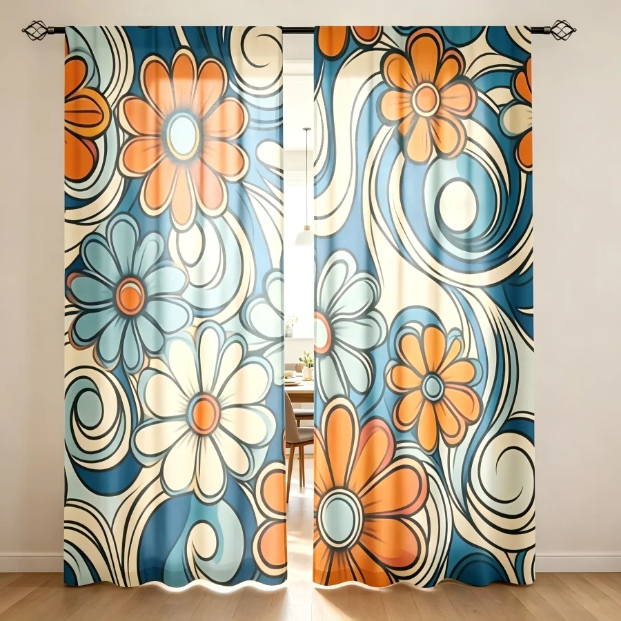 2PCS Digital Print  Curtain, Orange Blue Flower Swirl, Botanical Print Window Drape for Living Room Bedroom Home Decor