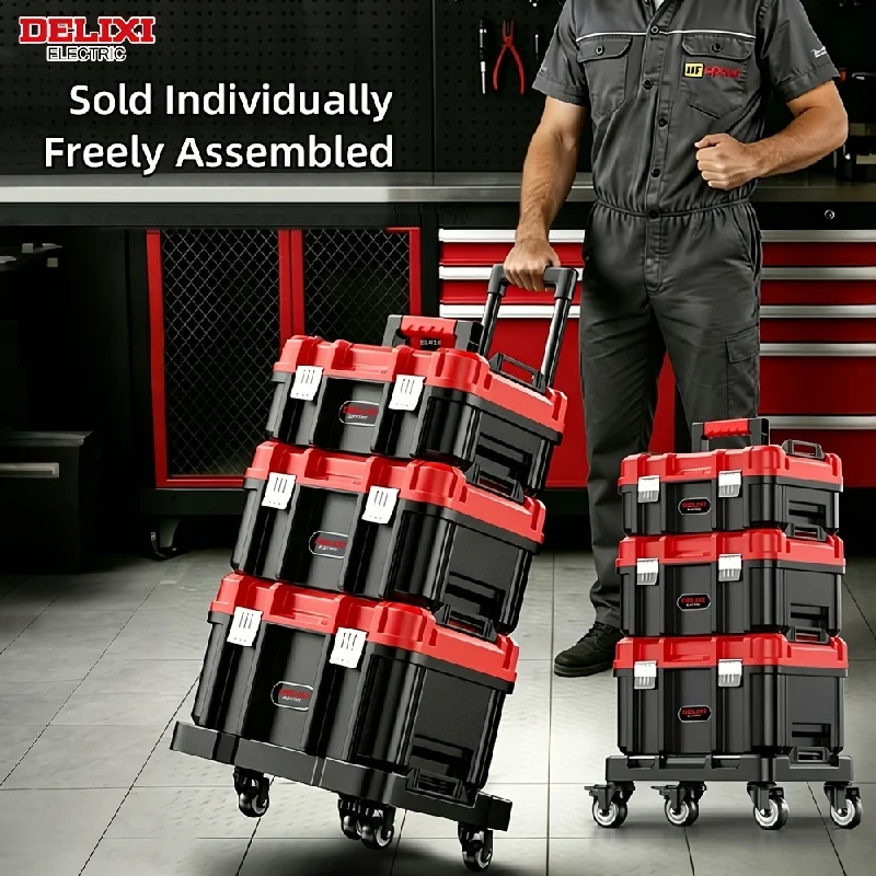 DELIXI ELECTRIC Stackable Tool Box,with Multi-Size Interlock & Double Buckles,Detachable Foldable Trolley,for Daily Storage.