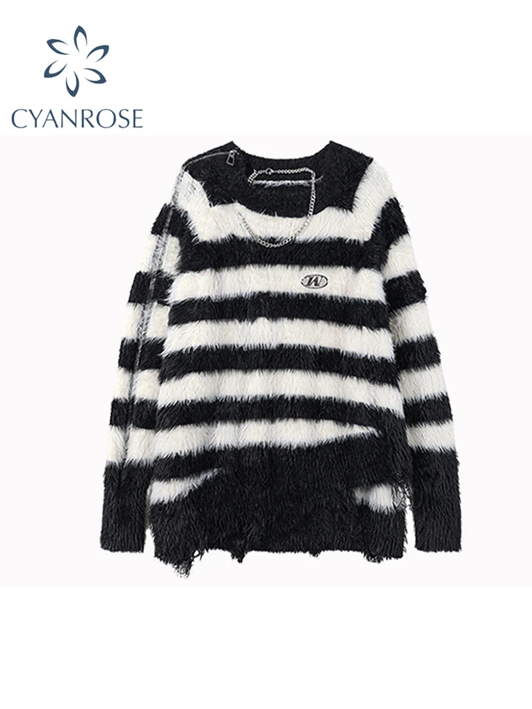 Women\'s Striped Pullover Mohair Sweater 90s Aesthetic Y2k Vintage Long Sleeves O-Neck Knitted Jumper Sweaters 2000s Clothes 2024