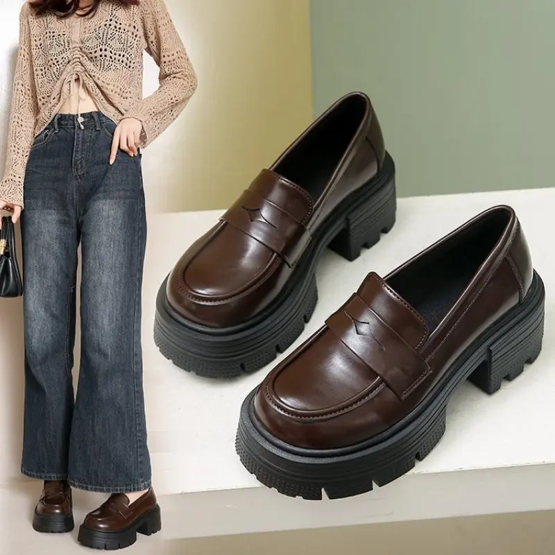 

2024 NEW Shallow Mouth Casual Woman Shoe Slip-on Autumn Oxfords Female Footwear with Fur British Style Platform Round Toe