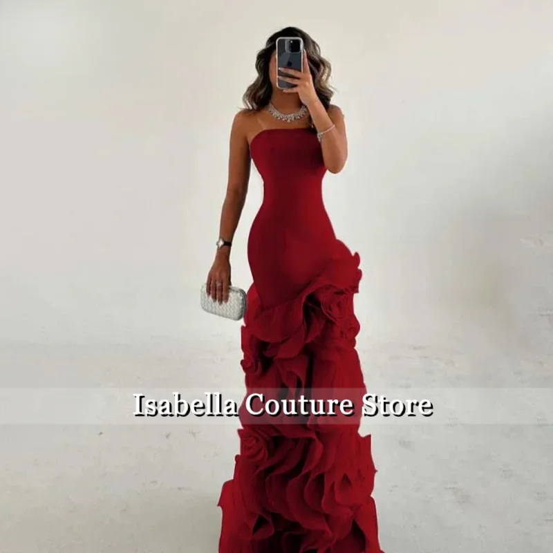 

Burgundy Elegant Formal Gown Sleeveless Ruffles Prom Dress Strapless Pleating Woman Evening Dresses robe de bal Customized