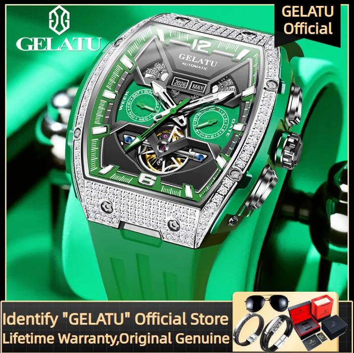 

GELATU 6016 Men's Watch Skeleton Hollow out Silicone Strap Diamond Watch Automatic Mechanical Multifunctional Man Watches