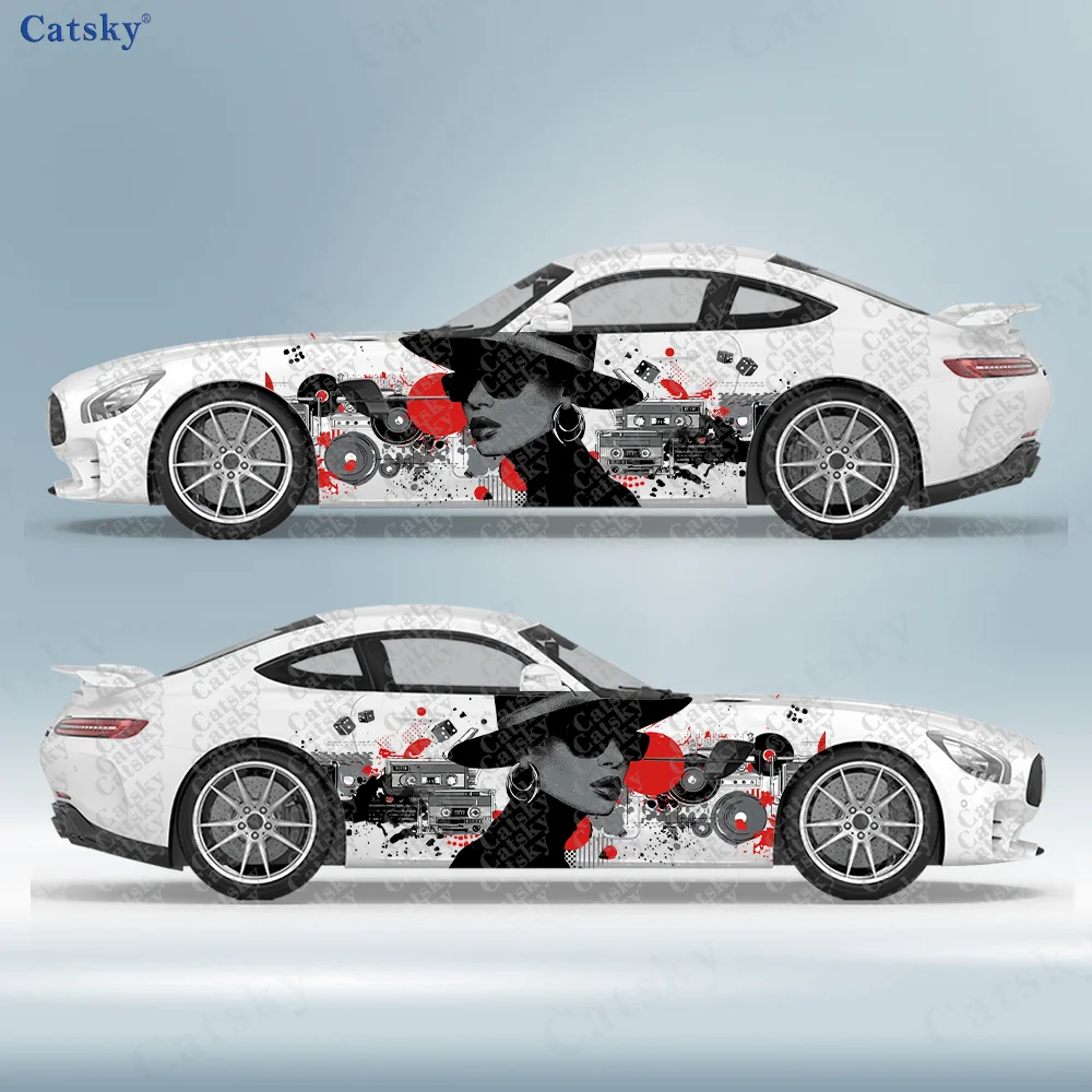 2pcs Female silhouette, cassette, record player, splash ink texture sticker, suitable for cars and trucks, durable, fade resista