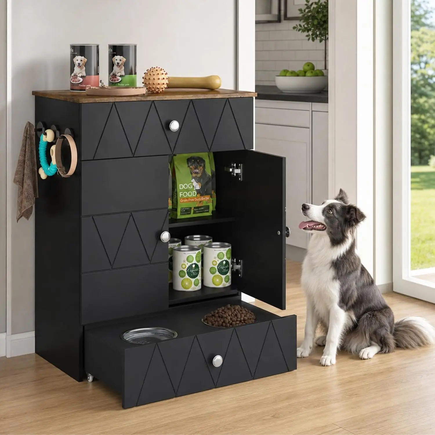 Dog Feeding Station with Bowls, Dog Food Storage Cabinet, Black