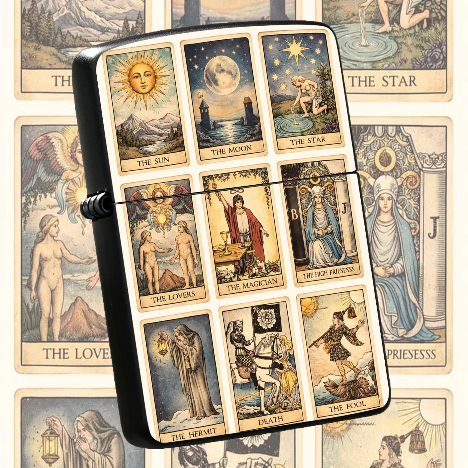 Vintage Tarot Pattern, Classic Waite Major Arcana 9 Cards Art Print, Unique Retro Mystical Divination Themed Collectible, Novelty Cool Accessory Gift for Tarot Lovers, Daily Use Casual Pocket for Men Women A fun and humorous lighter