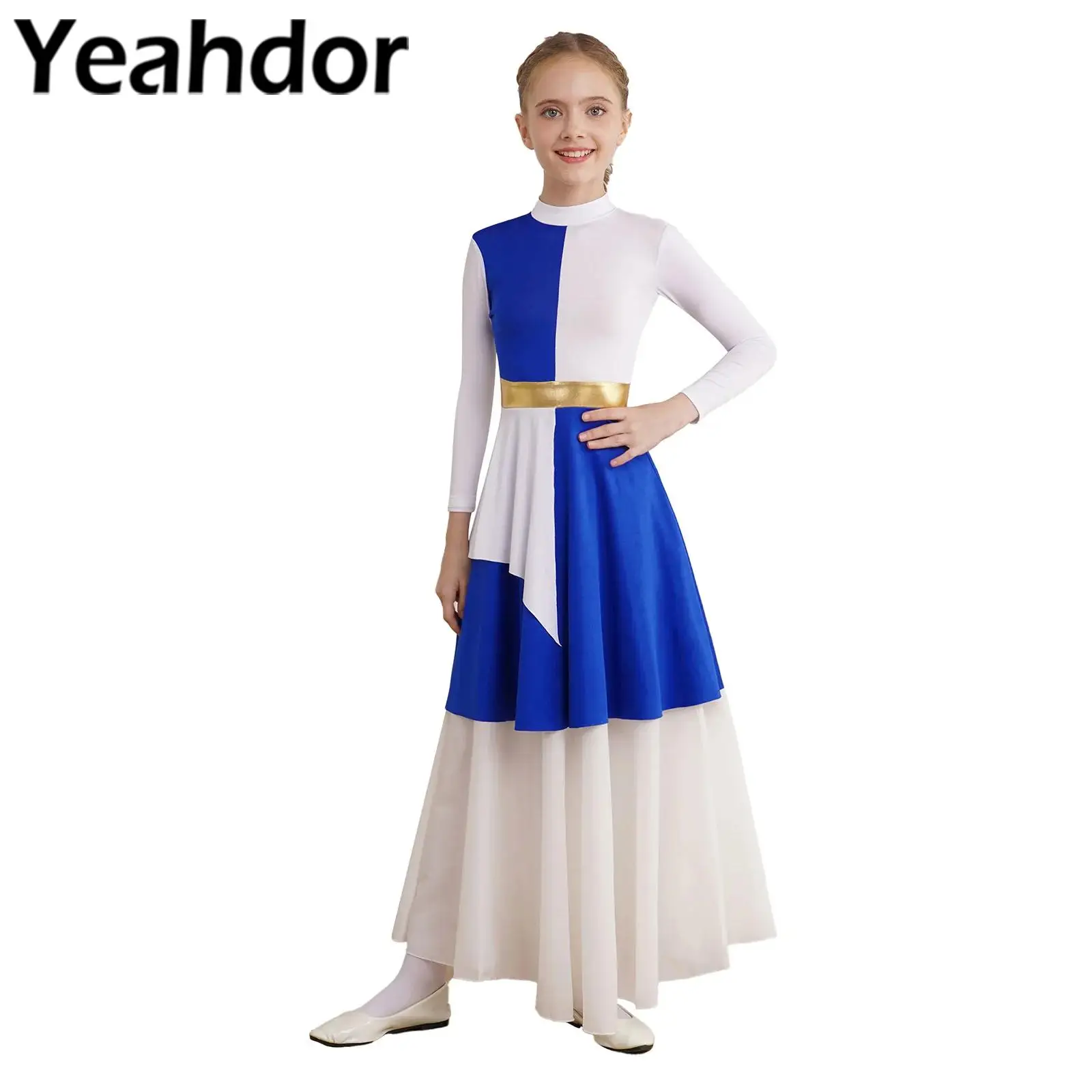 

Kids Girls Ballet Liturgical Praise Dance Dress Stage Performance Costume Mock Neck Long Sleeve Church Choir Lyrical Dresses