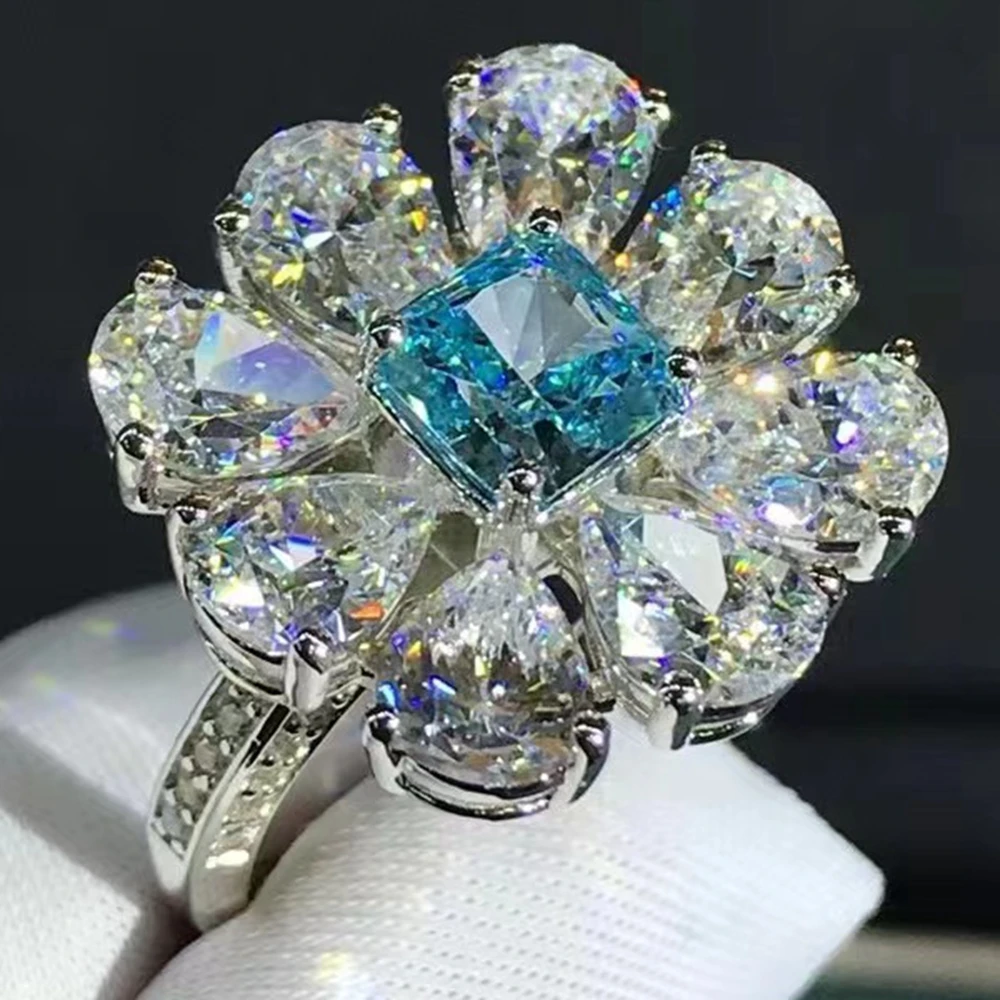 WUIHA Real 925 Sterling Silver Platinum Plated Crushed Ice Radiant Cut 6CT Aquamarine Flower Ring for Women Gift Drop Shipping