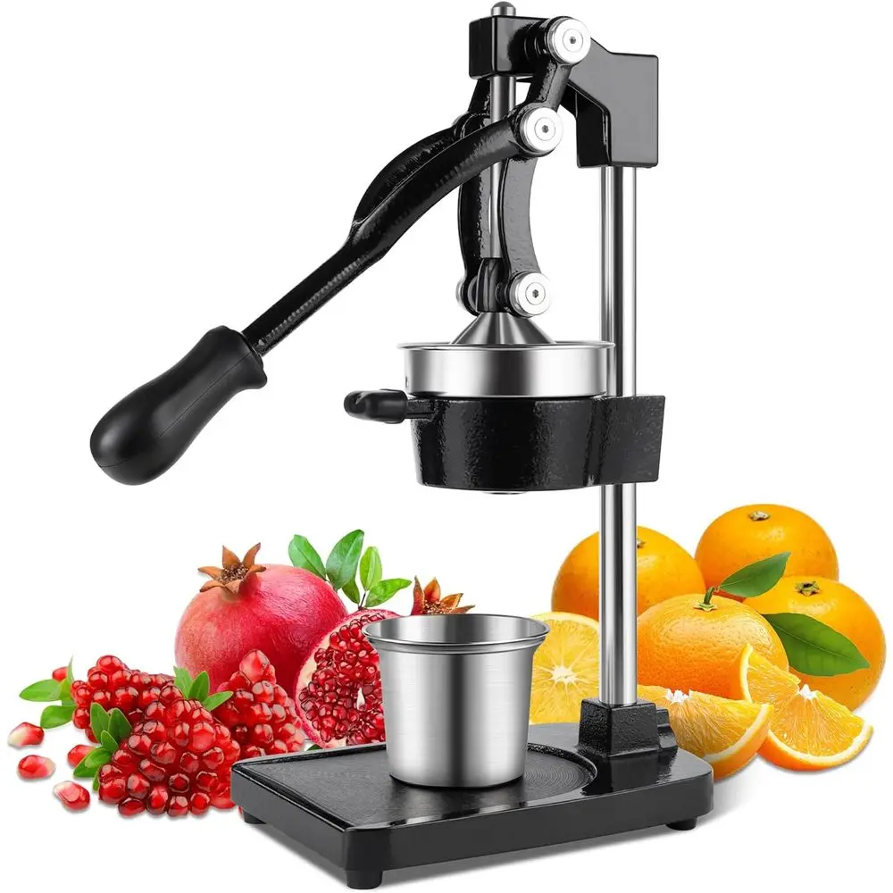 Espremedor Manual de Cítricos de Alta Resistência, Ideal para Laranjas, Limões, Limas e Romãs, Fácil de Limpar com Copo de Aço Inoxidável, Preto