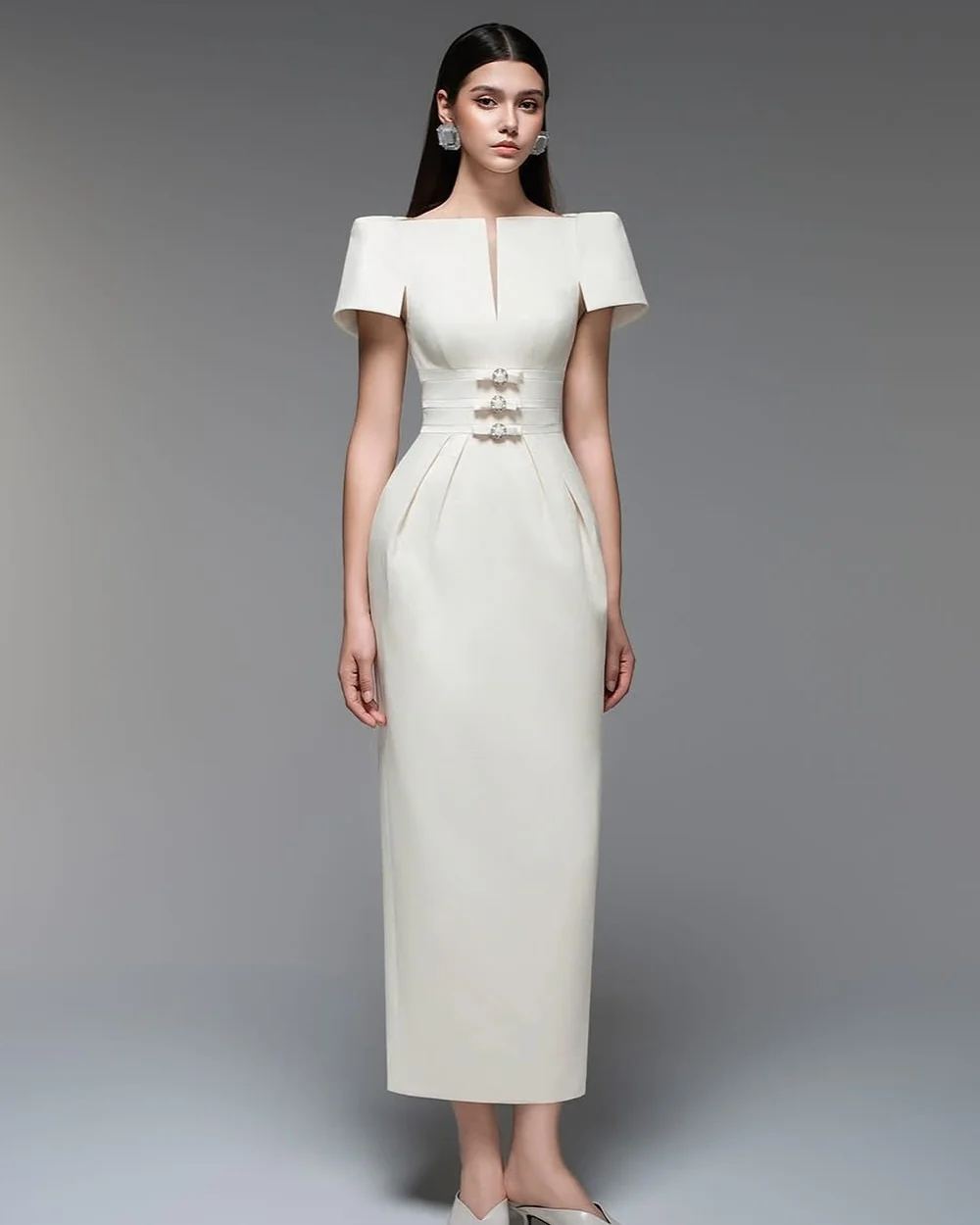 

Customized Modern Style Elegant Jersey Bow Rhinestone Straight Scoop Neck Ankle Length Dresses Bespoke Occasion Dresses Formal