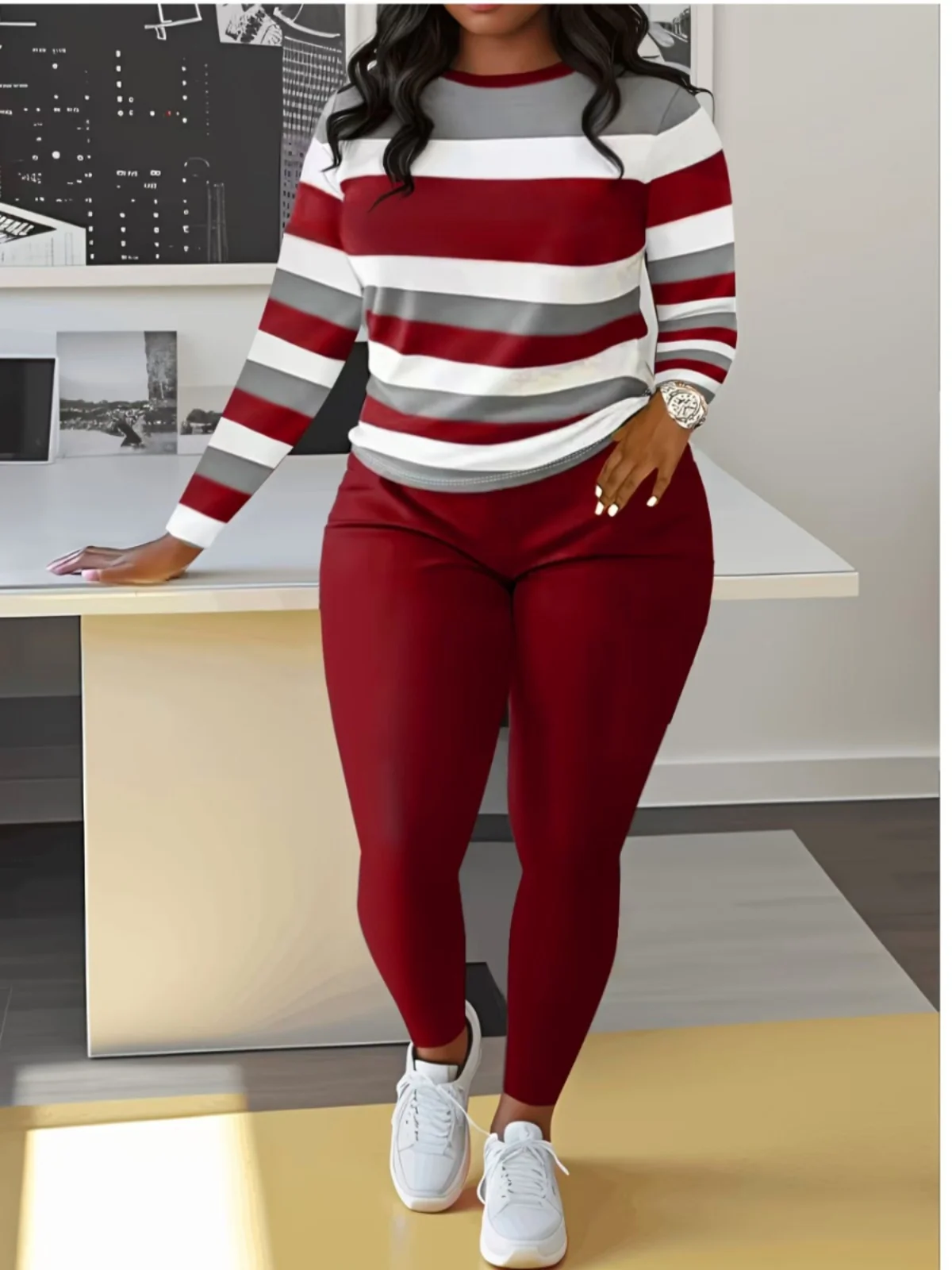 

Новая весенняя круглая длинная футболка и брюки с принтом Ne в широкую полоску, повседневный спортивный комплект из двух предметов, длинные брюки из полиэфирного волокна