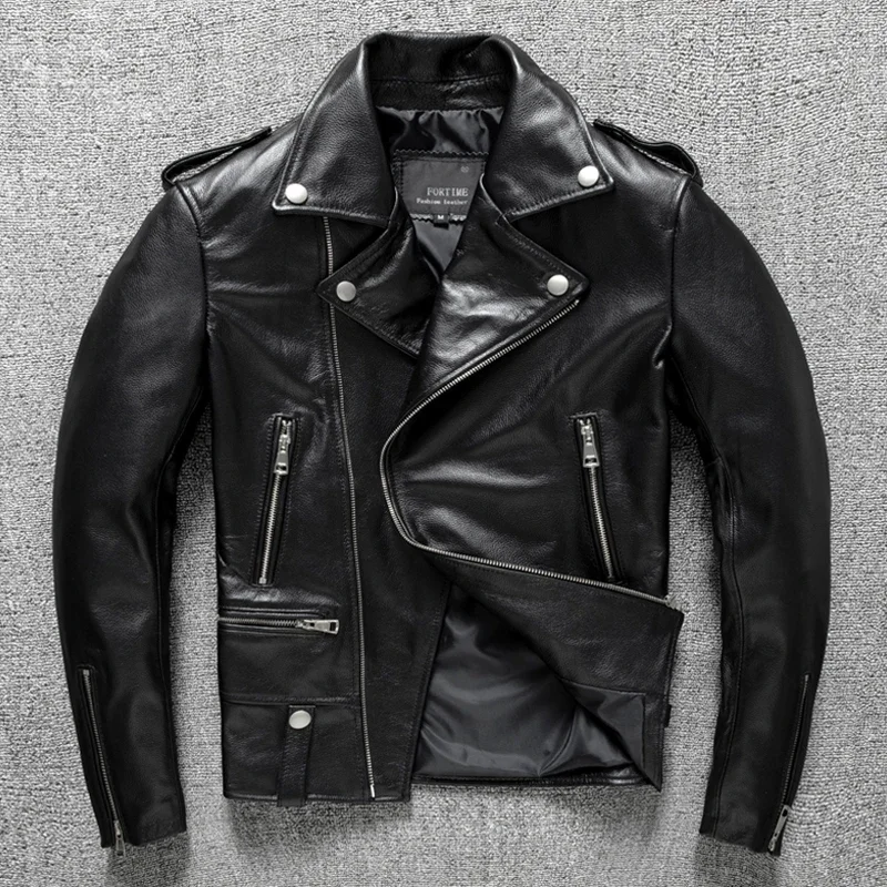 Men's Spring Classical Motorcycle Oblique Zipper Jacket Cowhide Genuine Leather Jacket Natural Calf Skin Thick Slim Biker Coat