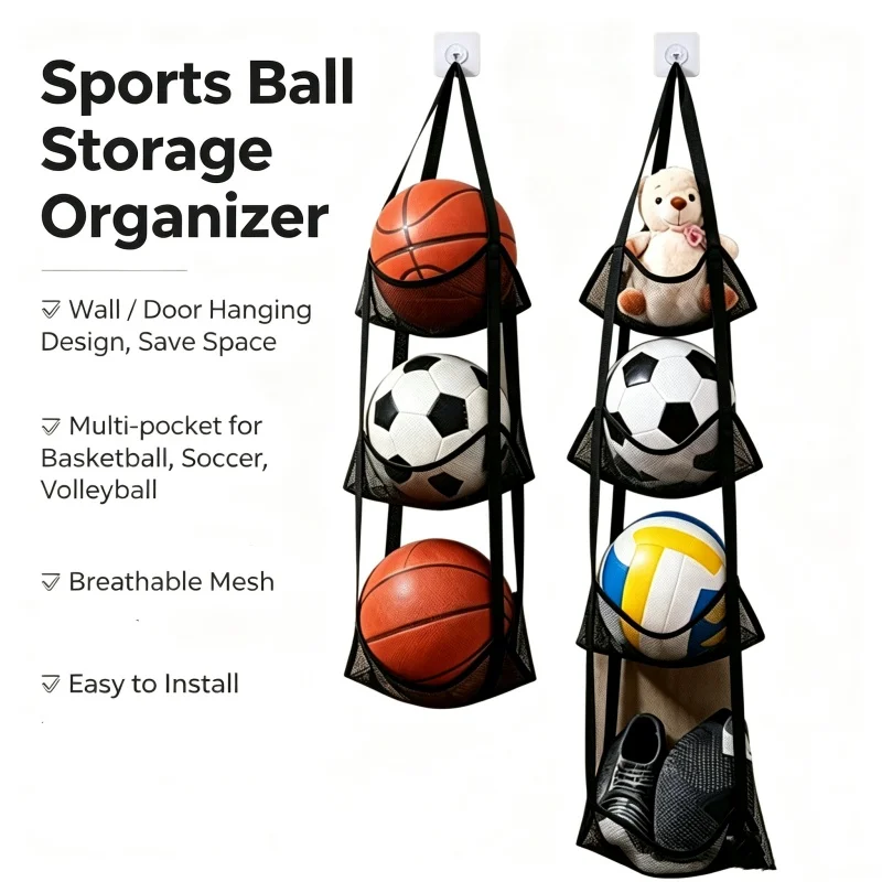 Team Train Balls Gear Mesh Storage Bag Multi-layer Ball Toys Shoes Helmet Organizer Vertical Wall-mounted Home Door Hanging Bag