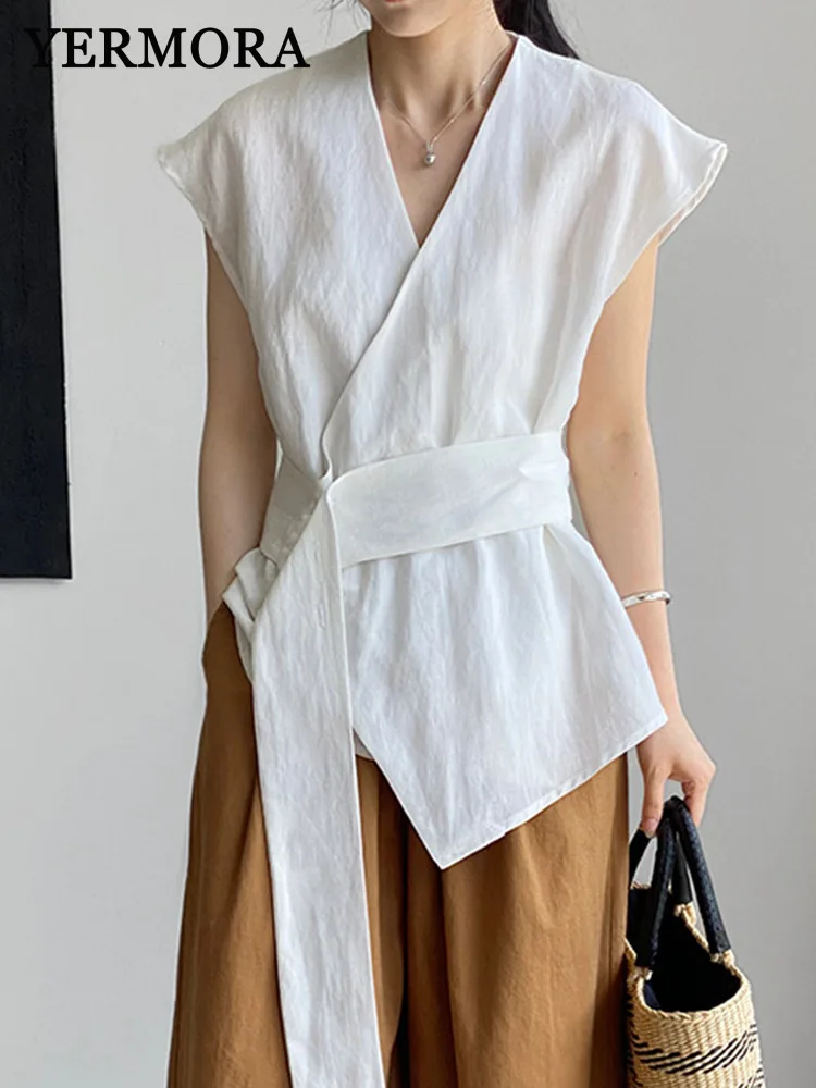 

YERMORA белая льняная асимметричная лента повседневная блузка для женщин с v-образным вырезом без рукавов свободный новый жилет рубашка мода Tdie весна лето