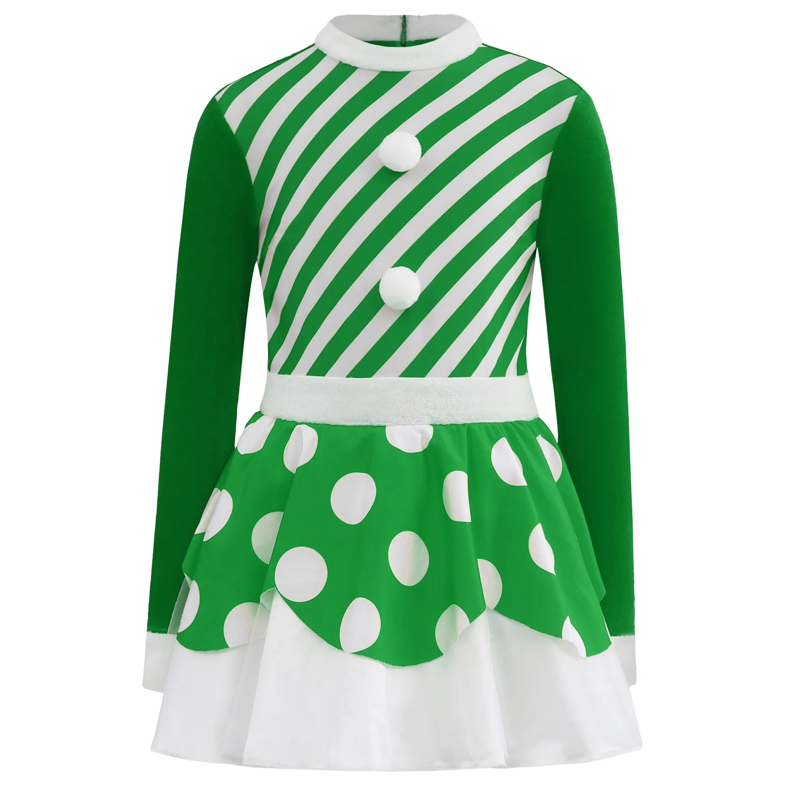 

Girls Christmas Striped Candy Cane Dress Holiday Santa Costume Ballet Dance Long Sleeve Pompom Tutu Dress with Built-In Briefs