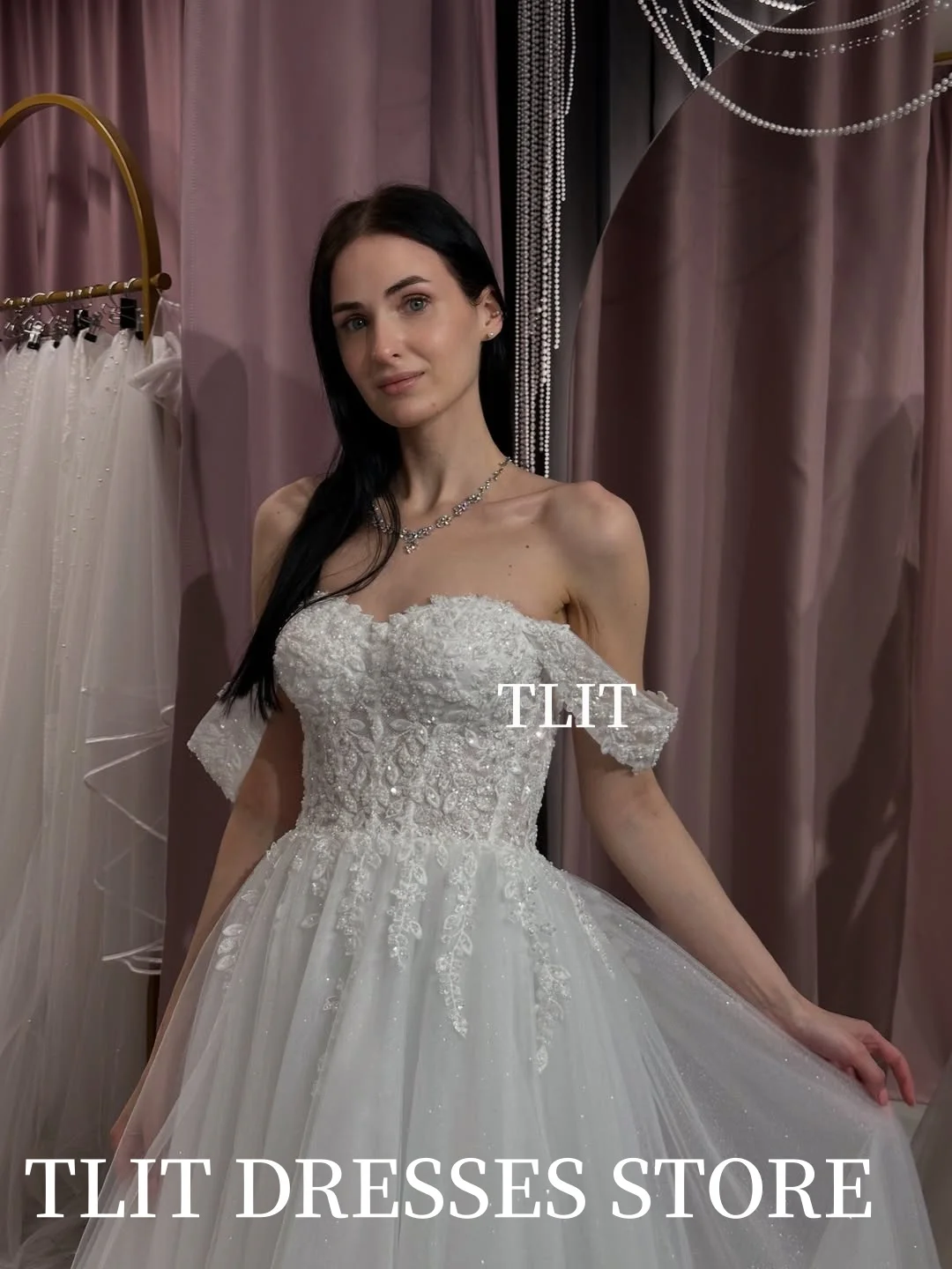 فساتين زفاف TLIT الفاخرة من التول الأبيض مخصصة على شكل قلب مزينة باللؤلؤ الكريستالي قبالة الكتف مشد زي العرائس #6