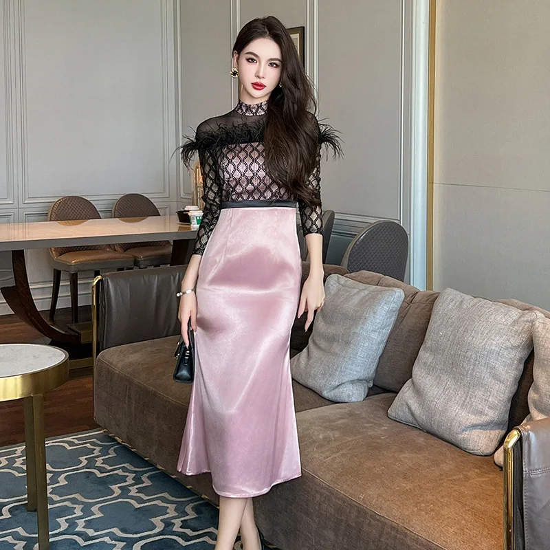 

French Slim Trumpet Long Dress Woman Patchwork High Waist Pink Dress Autumn and Winter New Elegant Party Dresses for Women 2023