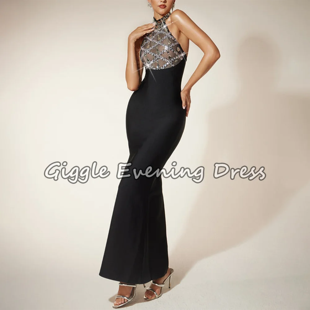 Sexy Black Bandage Dress Patchwork Design Halter Rhinestones Sequins Mesh Backless Maxi Long Birthday Evening Party Dresses