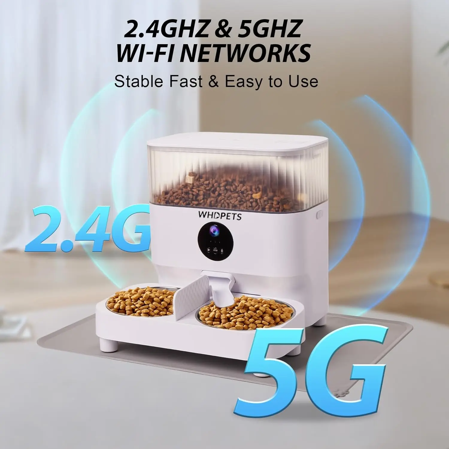 WHDPETS Automatic Cat Feeders 5G WiFi Cat Food Dispenser with 1080P Camera for Pets 5L Pet Feeder with Feeding Mat APP Control