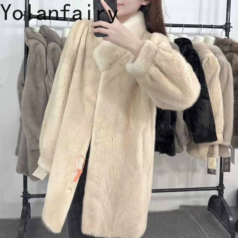 YOLANFAIRY Real Fur Coat Woman Luxury 2025 Winter Mid-length Elegant Natural Whole Mink Fur Jacket Women Fashion Black Fur Coats