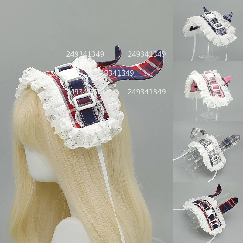 

Check Pattern Bunny Ear Cosplay Headwear Lolita Girl Ruffle Lace Adjustable Cat Ear Headband Comic-con Stage Costume Accessories