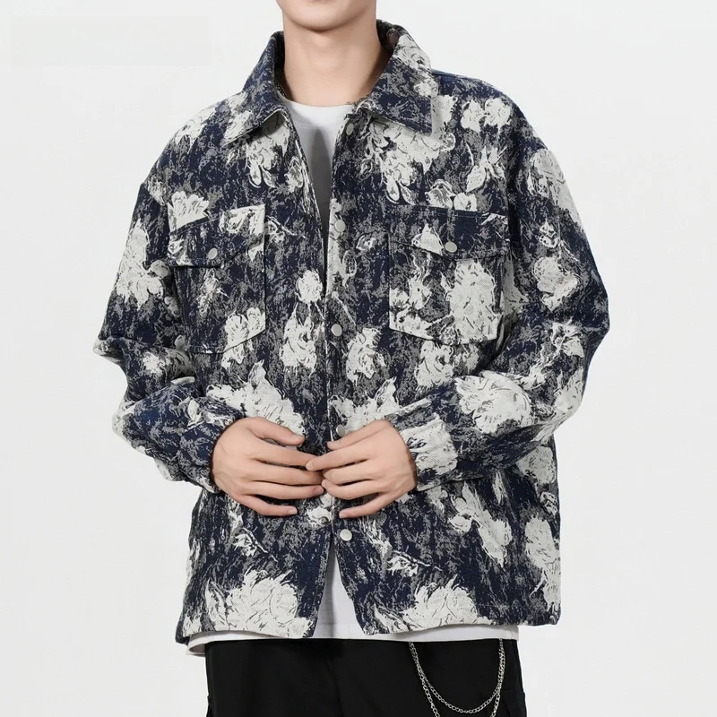 

ProteusBoy American Retro Tie Dye ket Workwear Casual Button down Collar Jaet Outerwear Polyester Loose Fit Youth Faion